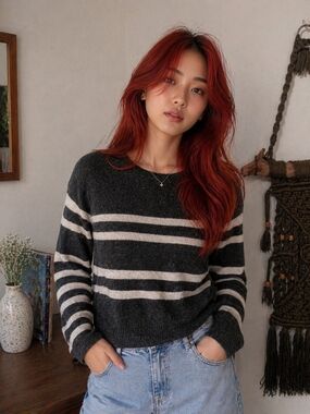 Joe Fresh Charcoal and Cream Striped Boatneck Sweater
